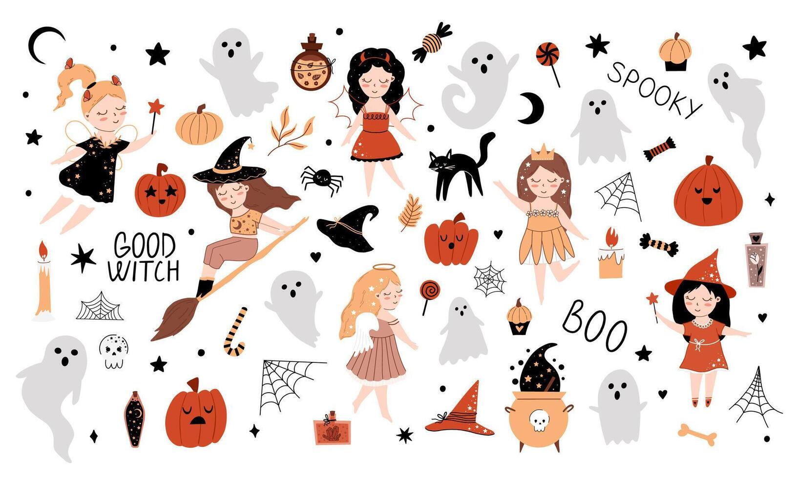Big cute halloween collection. Magic baby set with fairy, pumpkin, ghost, witch, candle, skull, web, potion, elixir, candy, spider, star, cauldron. Isolated on white background vector