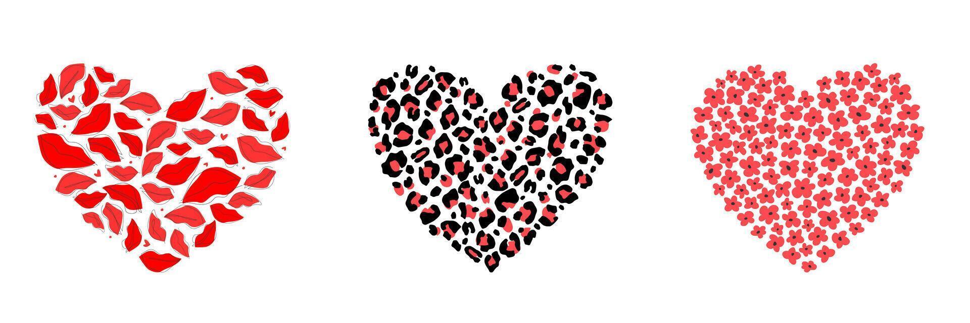 Set of silhouettes of hearts with leopard print ornament, flowers. Symbol of love in abstract form. vector