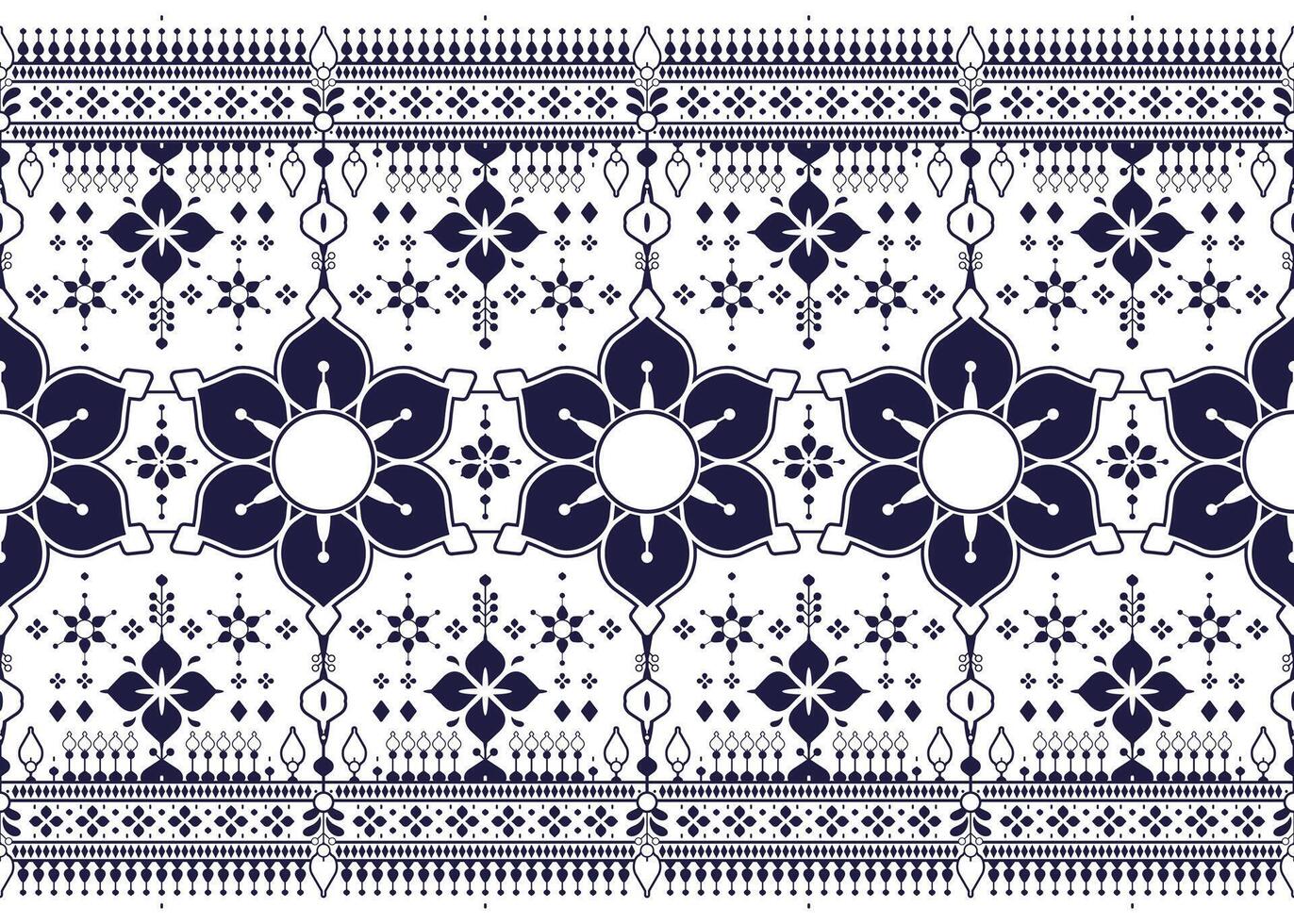 dark blue geometric and floral ethnic fabric seamless pattern on White background, design for cloth, carpet, batik, wallpaper, wrapping etc. vector
