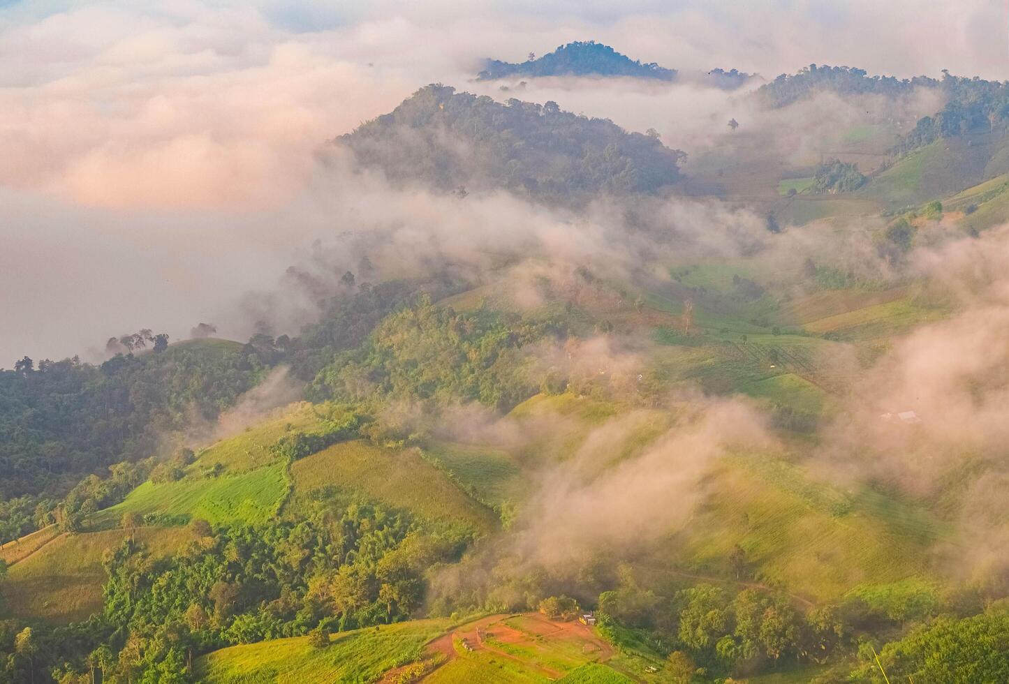 The stunning view from a tourist's standpoint as they go down a hill on a foggy trail with a hill and a background of a golden sky in Forest Park, Thailand. Rainforest. Bird's eye view. Aerial view. photo