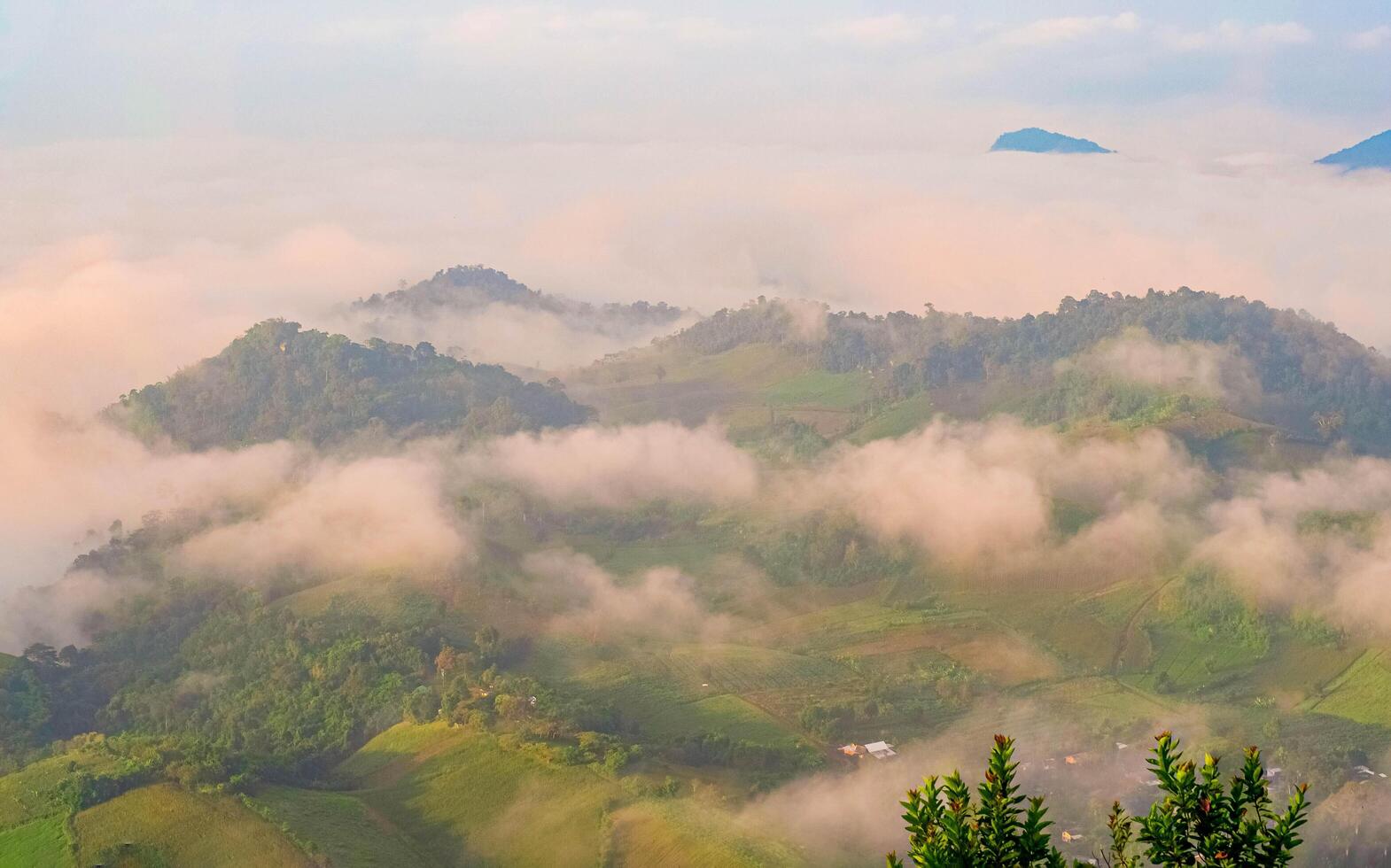 The stunning view from a tourist's standpoint as they go down a hill on a foggy trail with a hill and a background of a golden sky in Forest Park, Thailand. Rainforest. Bird's eye view. Aerial view. photo