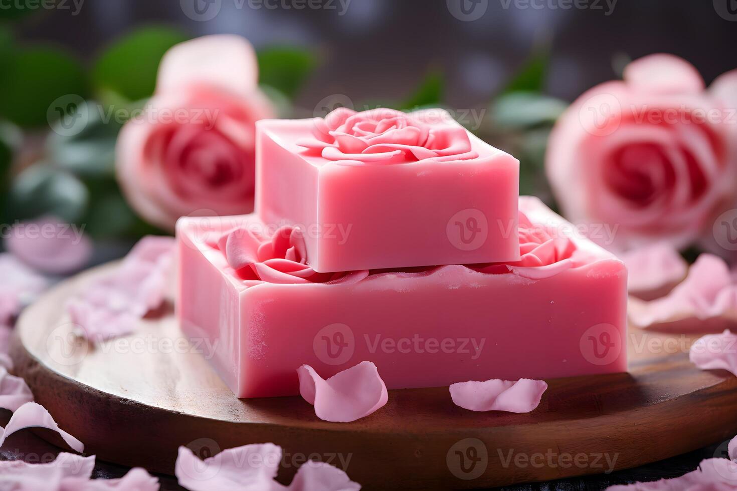 Pieces of soap with the aroma of roses. Careful skin care. Handmade soap photo