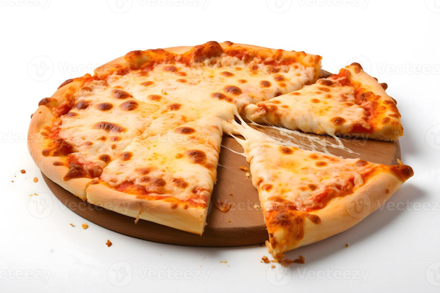 Classic cheese pizza on a wooden board with a cut piece on a white background. Pizza 4 cheeses photo