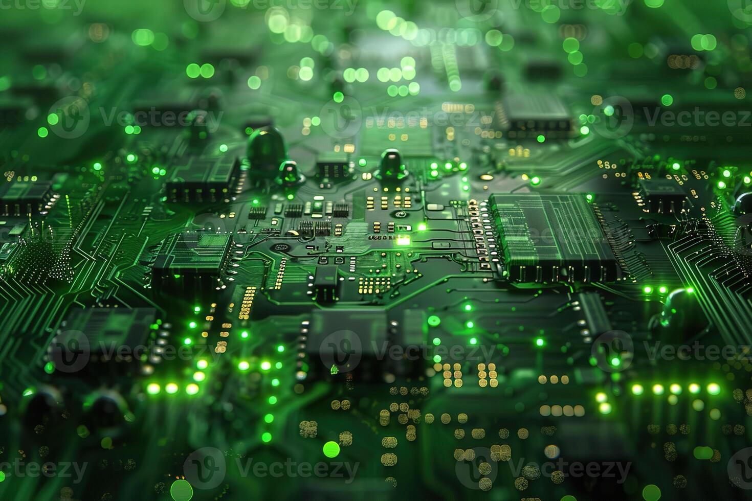 Abstract green glowing technical illustration inside of a computer system photo