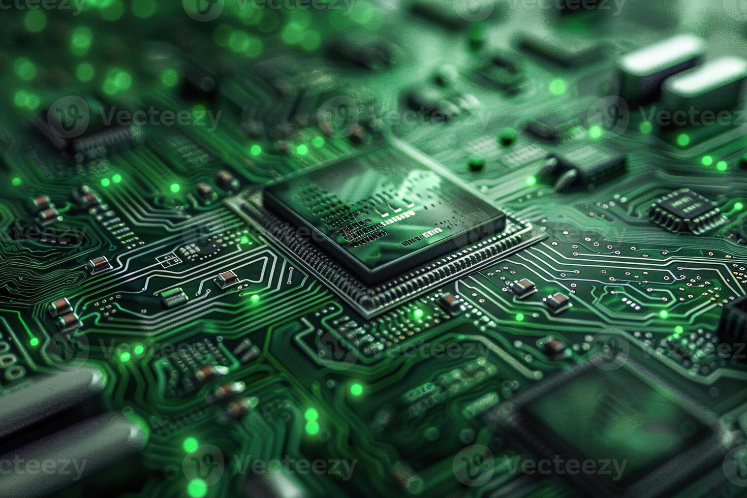 Abstract technical illustration inside of a computer system. Fantastic glowing green cpu background photo