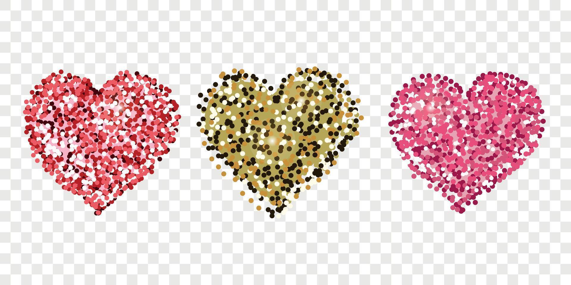 Glitter hearts set. Decorative glitter shiny hearts set isolated on white. Illustration for web, banner, sticker, wedding, Valentines greeting card. vector