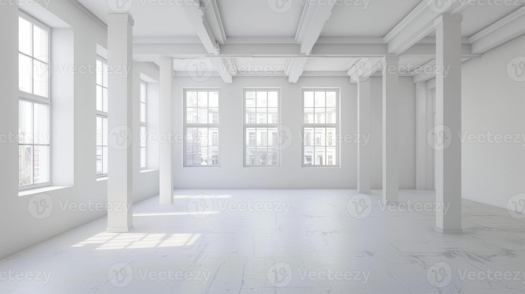 bright empty modern, new apartment with large windows and views of city buildings photo