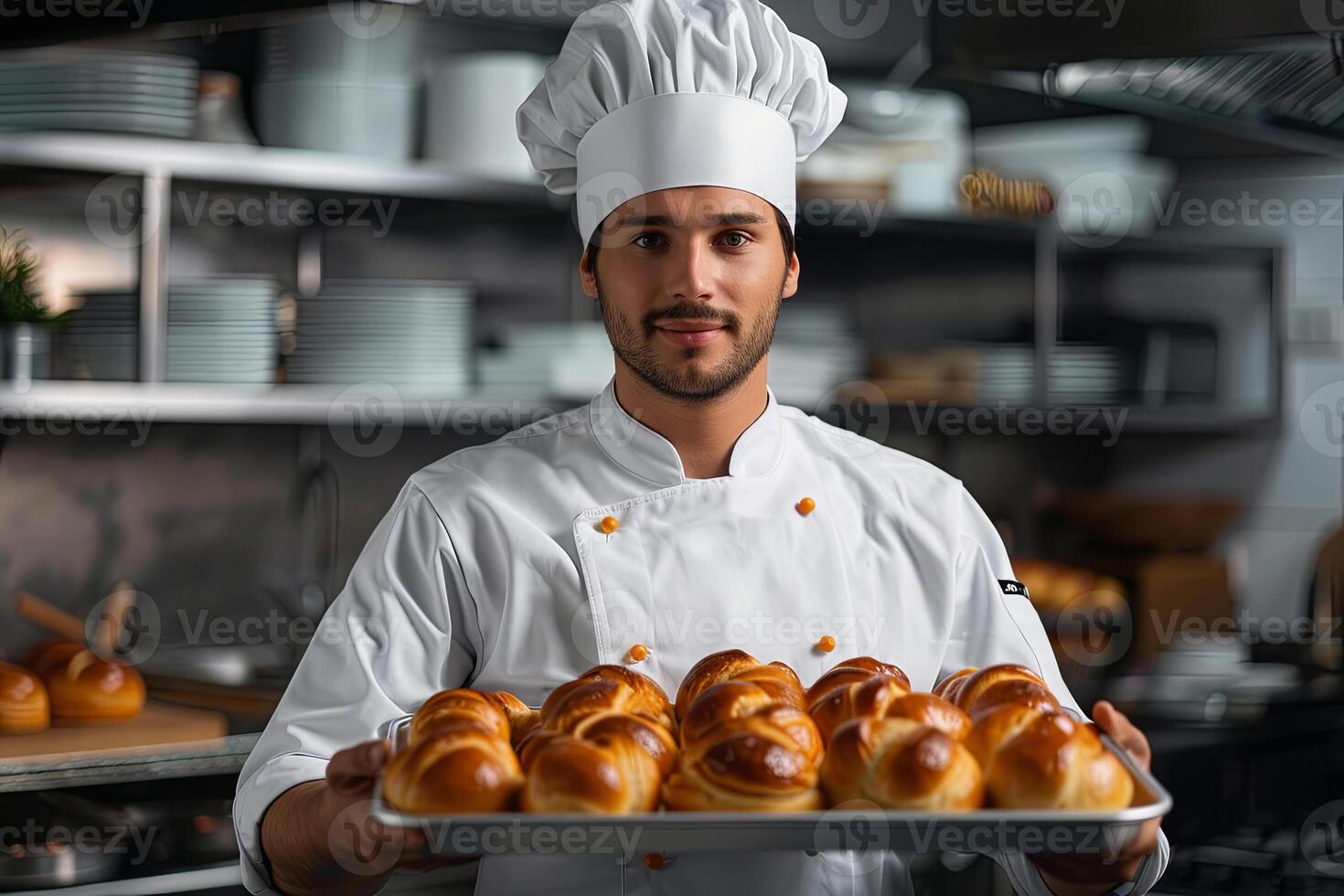 professional chef in uniform holding baking tray with fresh buns, cook standing in commercial kitchen. small bisiness photo