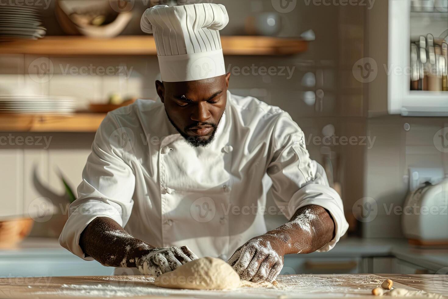 professional african amerikan chef in uniform holding baking tray with fresh buns, cook standing in commercial kitchen. small bisiness photo