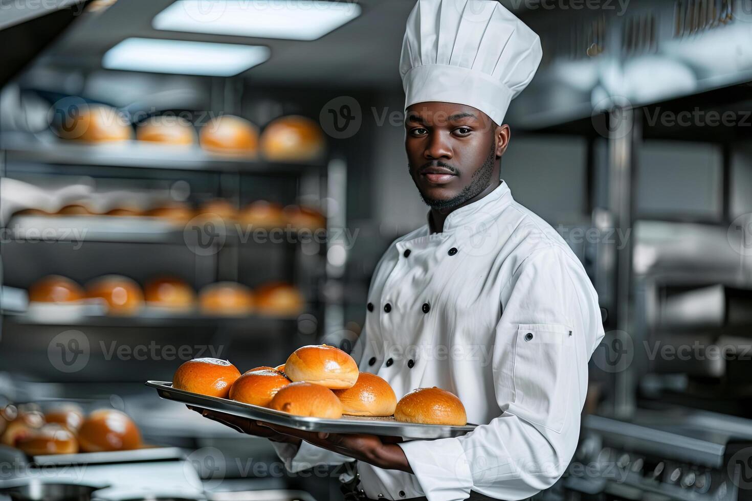 professional african amerikan chef in uniform holding baking tray with fresh buns, cook standing in commercial kitchen. small bisiness photo