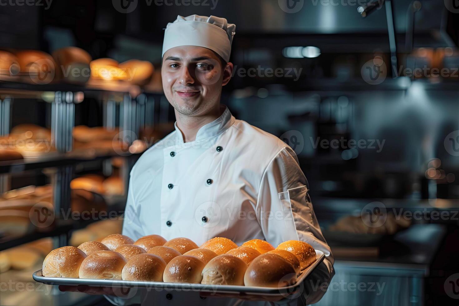 professional chef in uniform holding baking tray with fresh buns, cook standing in commercial kitchen. small bisiness photo