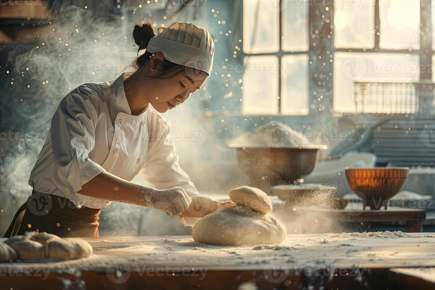 a cook makes bread dough in a light professional kitchen. asian woman cook healthy food photo