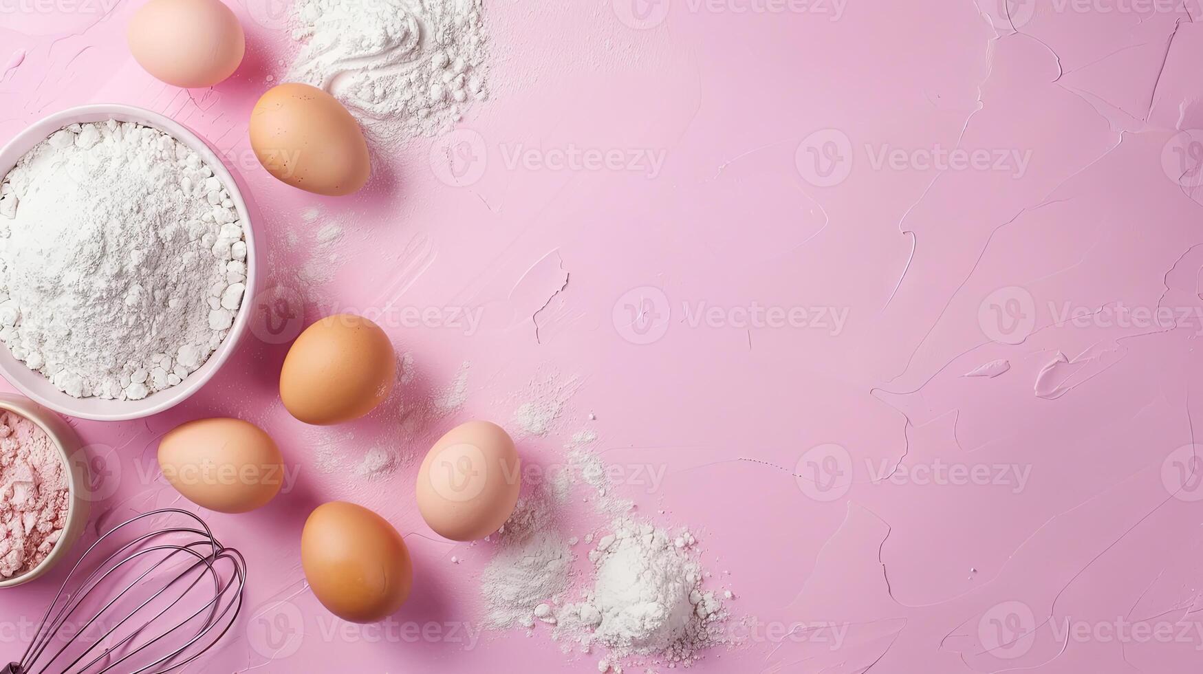 pink background top view background for baking, flour, eggs, whisk photo