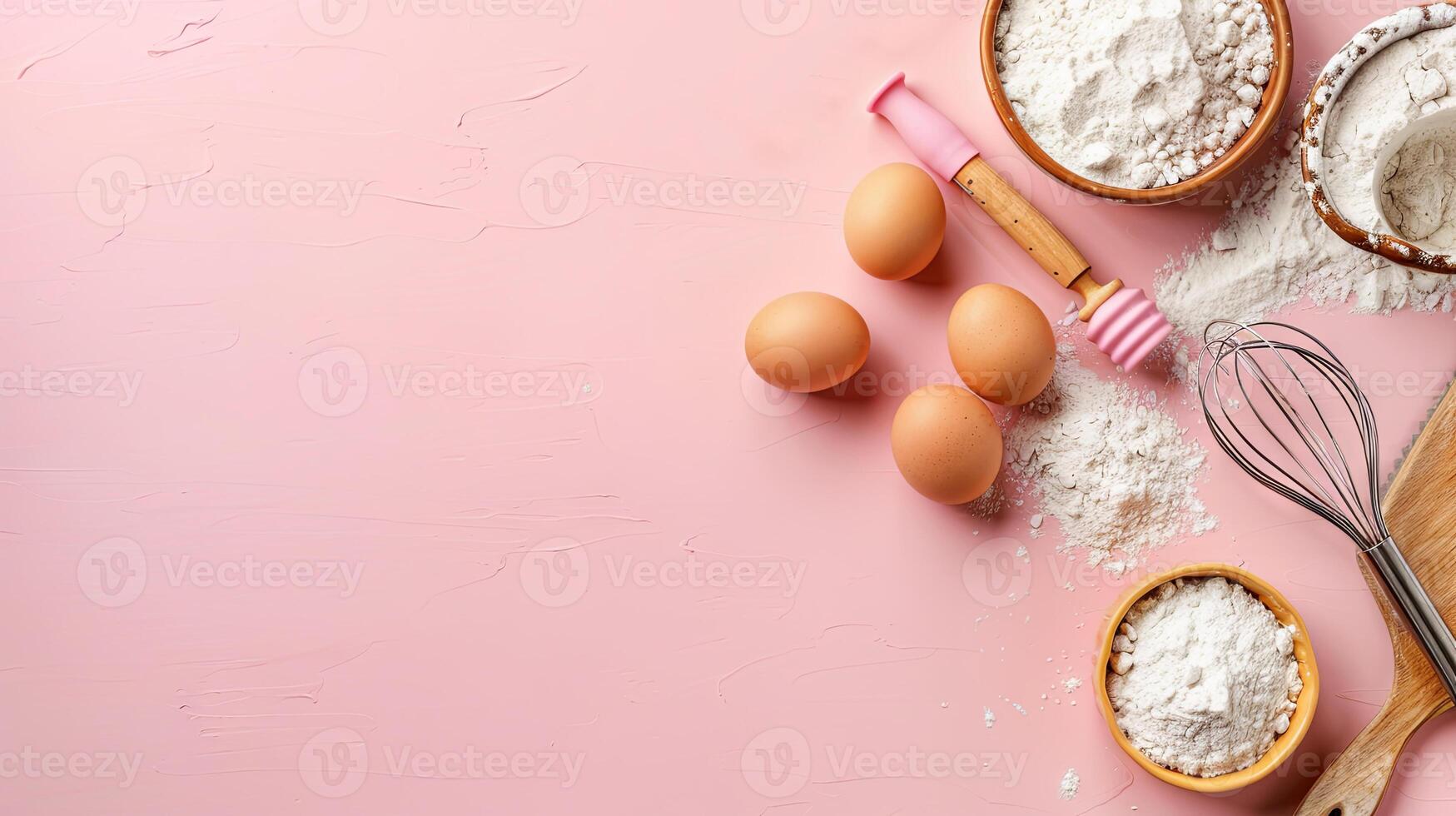 top view background for baking, flour, eggs, whisk, cake spatula. pink background photo