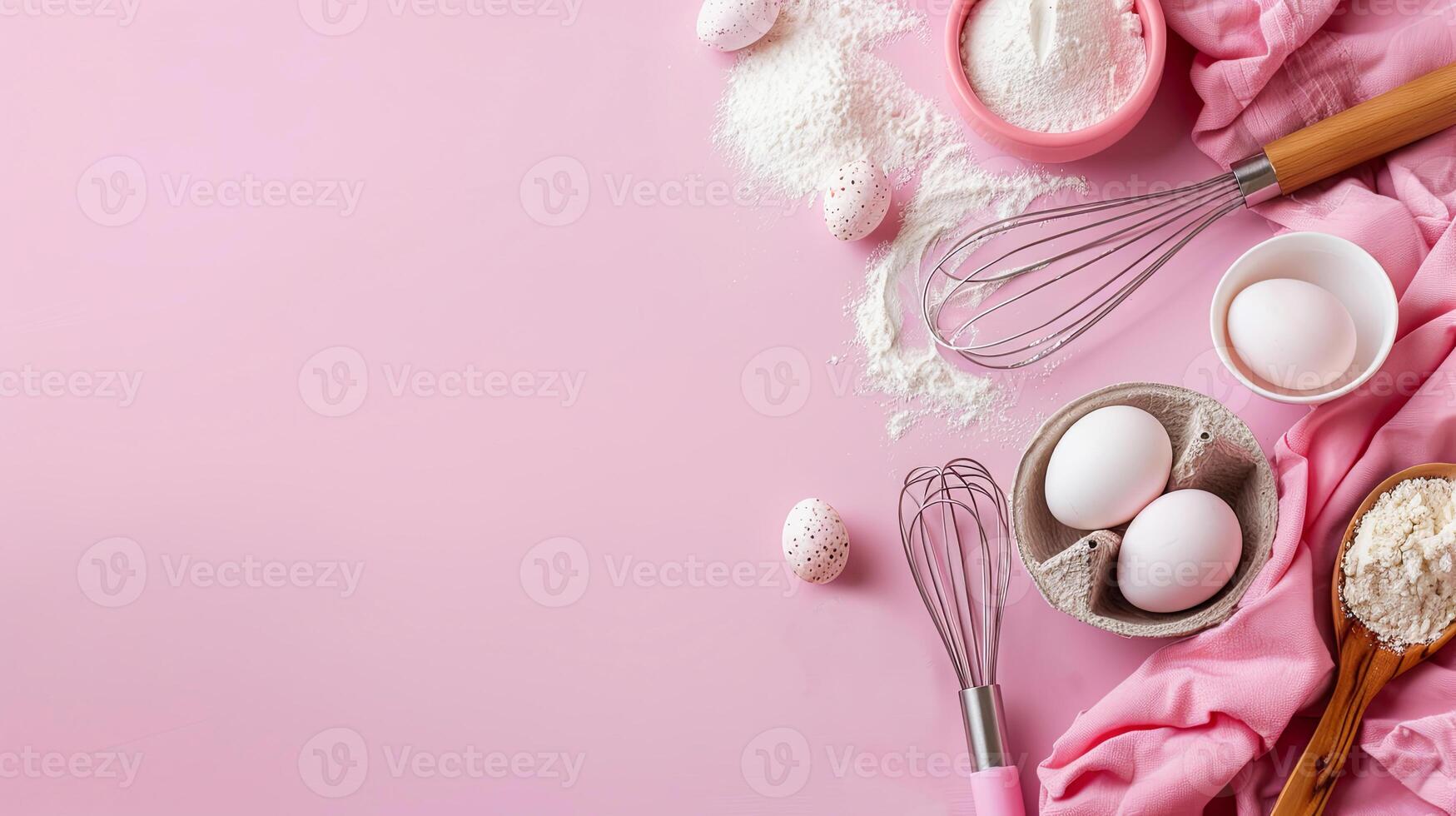 top view background for baking, flour, eggs, whisk, cake spatula. pink background photo
