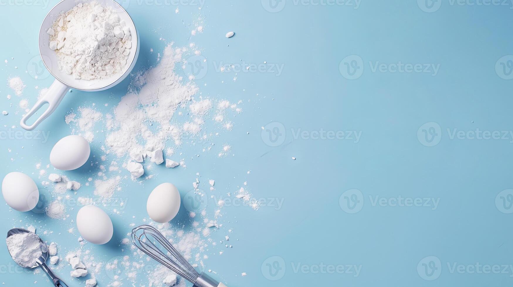 top view background for baking, flour, eggs, whisk, cake spatula. blue background photo
