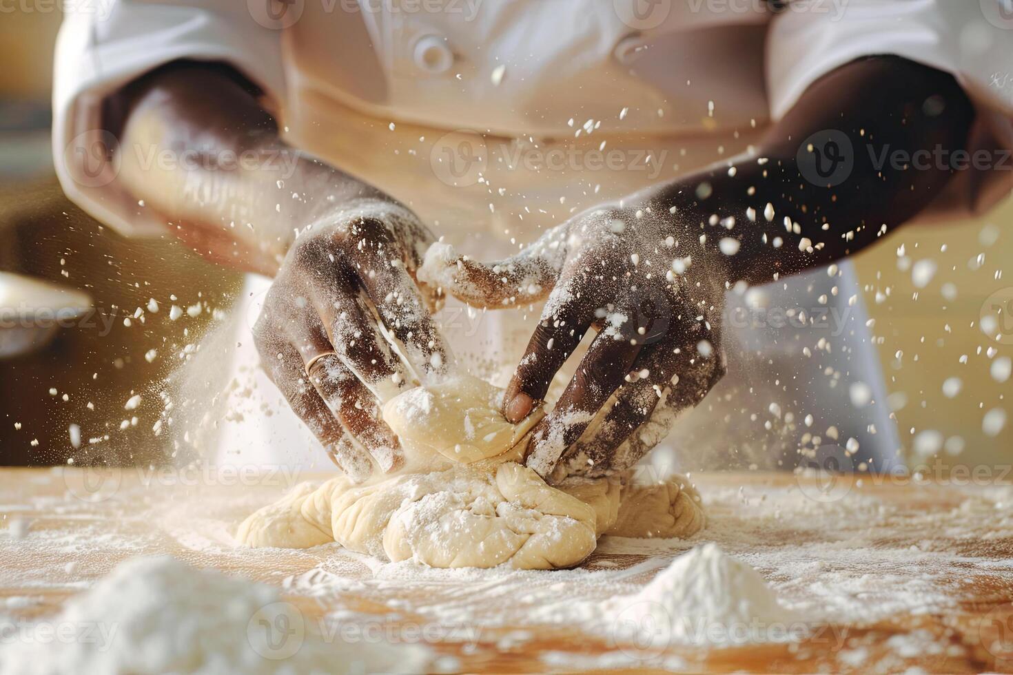 close-up chef male hands kneading dough on a wooden table, flour dust in the air. background. mens hands knead dough on wooden board. photo