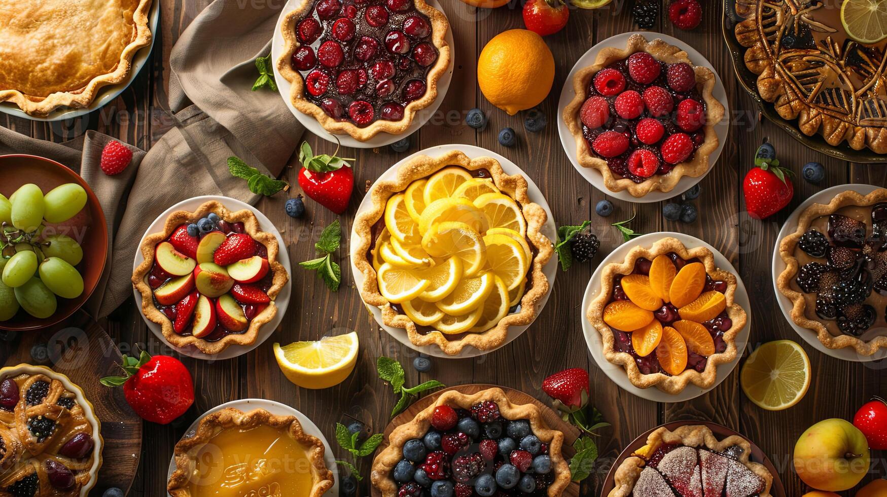 top view assortment of pies with different fruits on wooden table in a bakery photo