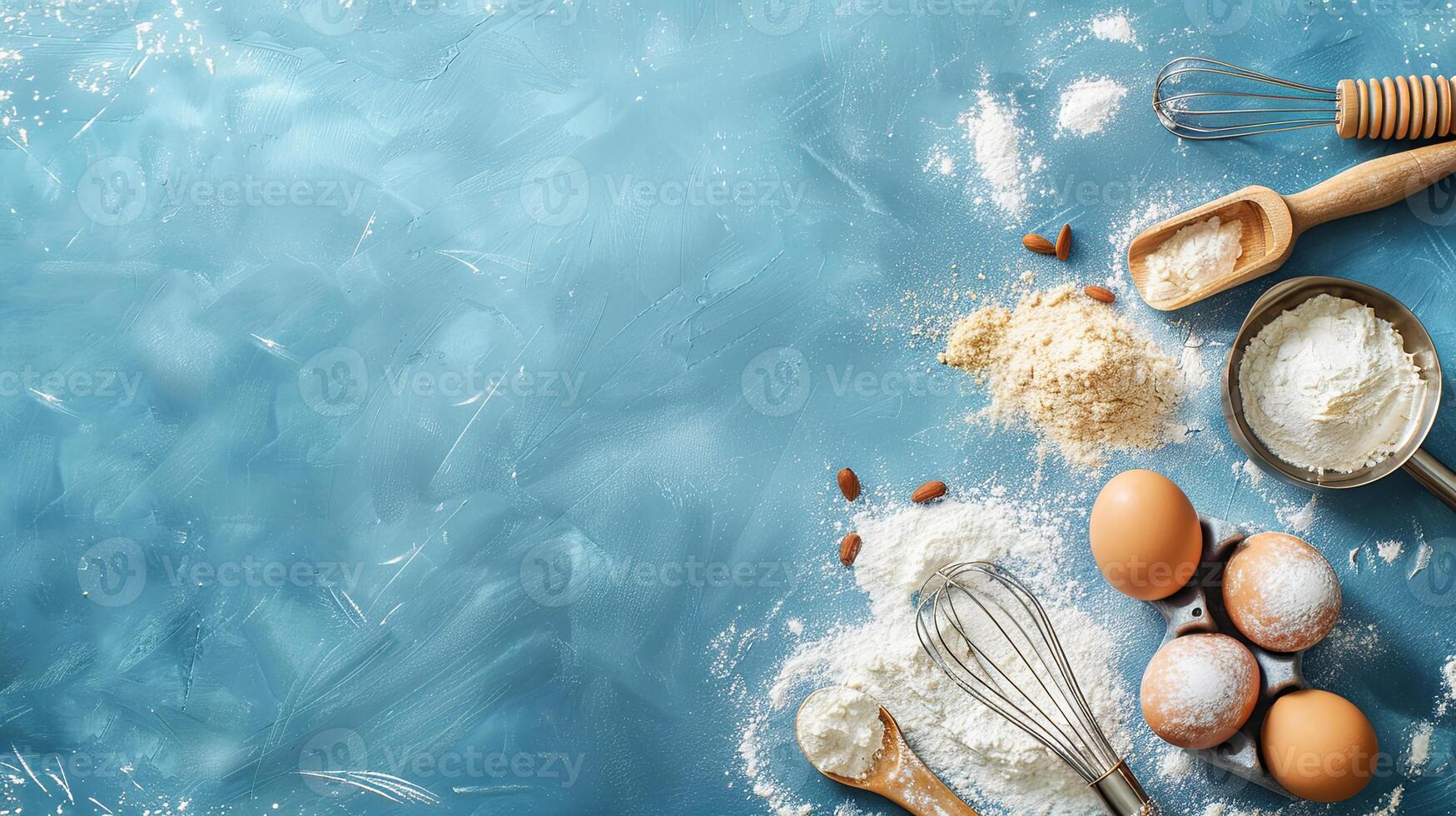 top view background for baking, flour, eggs, whisk, cake spatula. blue background photo
