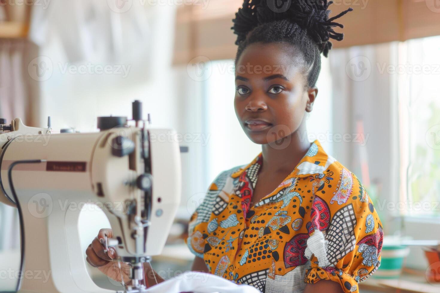 african american woman sewing on a modern sewing machine in light tailor studio. peoples hobby. small business photo