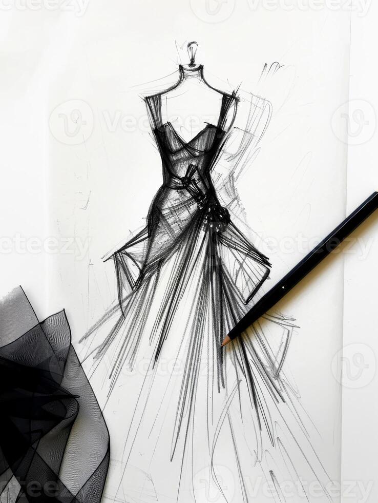 top view of a sketch of crystal evening black dress on paper on the table. minimalism photo