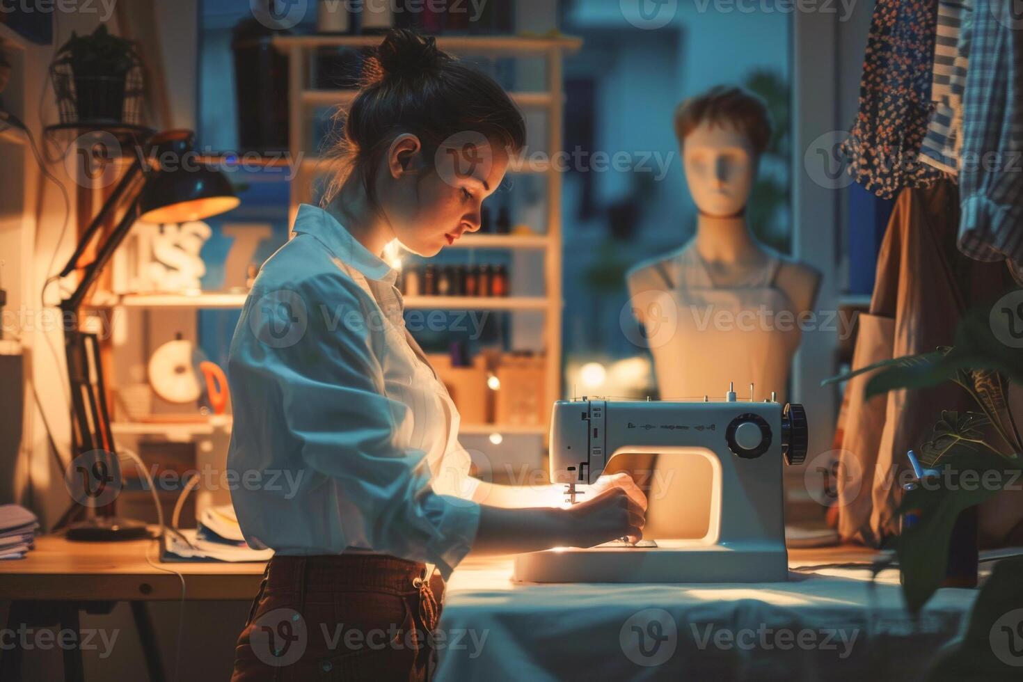 ewropean woman sewing on a modern sewing machine in light tailor studio. peoples hobby. small business photo