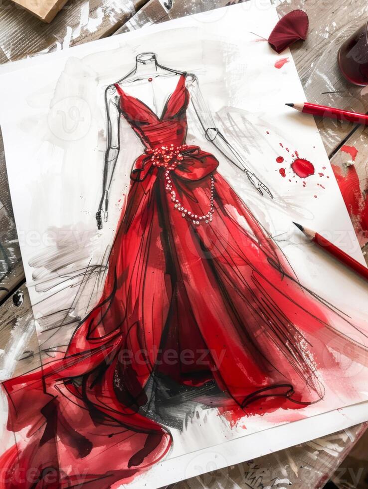 top view of a sketch of crystal evening black dress on paper on the table. minimalism 48965048 Stock Photo at Vecteezy
