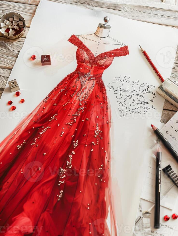 top view of a sketch of crystal evening black dress on paper on the table. minimalism photo