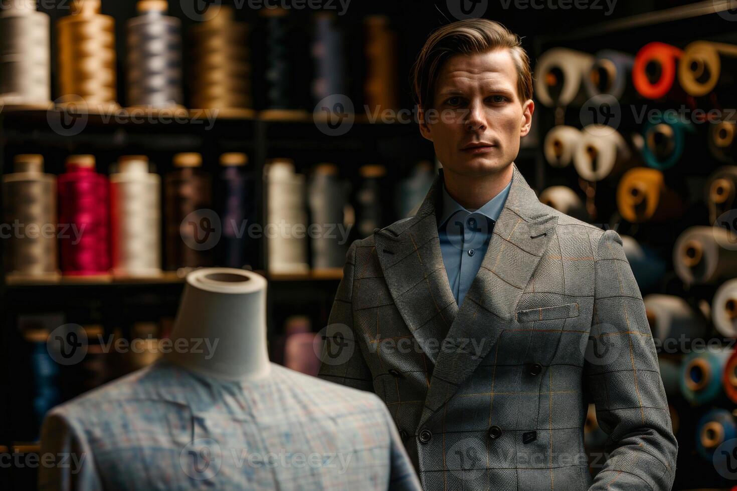 european man fashion designer stands with sewing mannequin. mannequin in a gray men's jacket. ailor shop photo