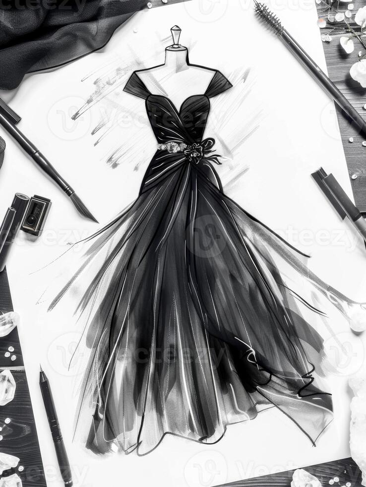 top view of a sketch of crystal evening black dress on paper on the table. minimalism photo