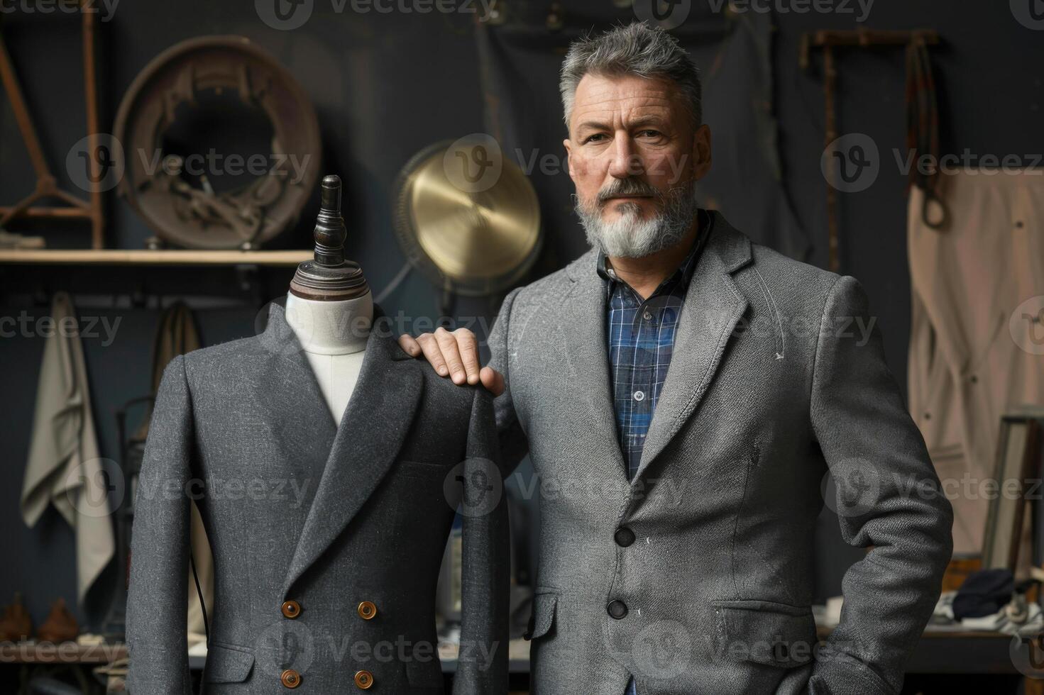 adult european man fashion designer stands with sewing mannequin, mannequin in a gray men's jacket. tailor shop. dark background photo