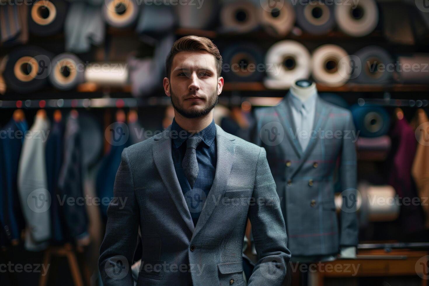 european man fashion designer stands with sewing mannequin. mannequin in a gray men's jacket. tailor shop dark background photo