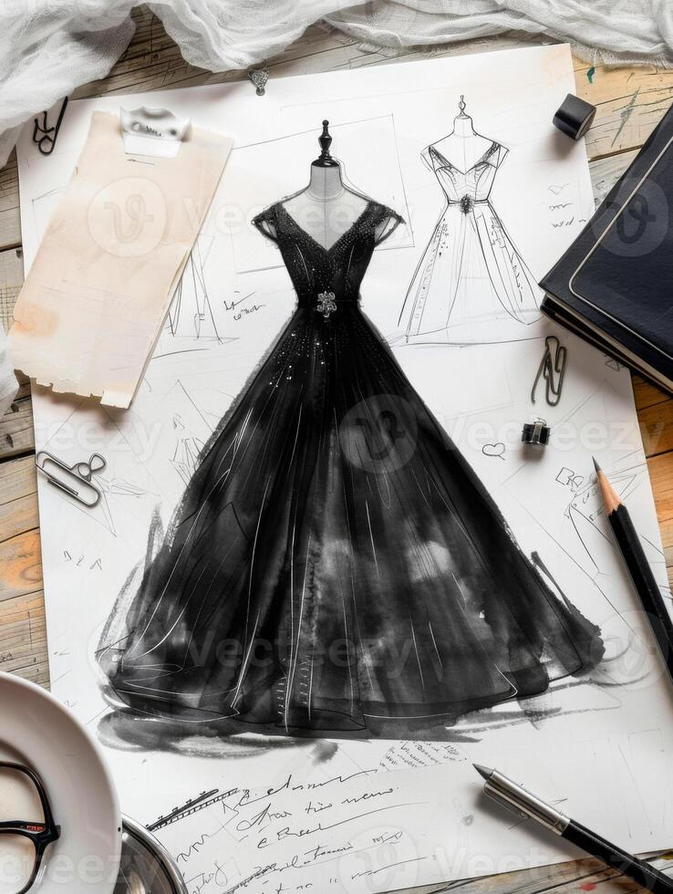 top view of a sketch of crystal evening black dress on paper on the table. minimalism photo