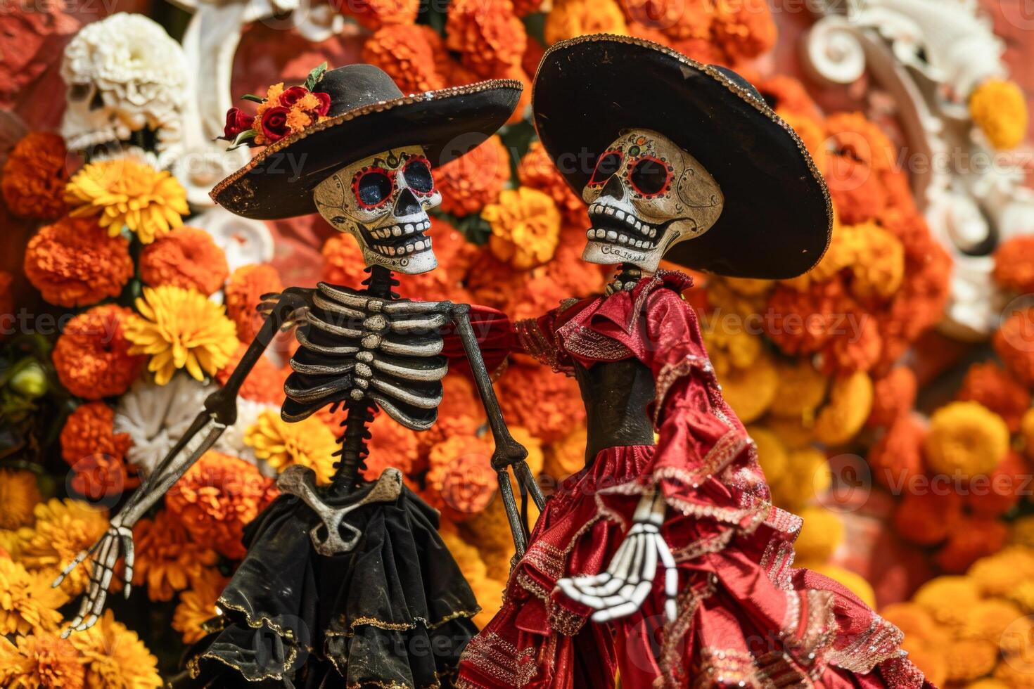 Day of the Dead, Festival of the Dead, skeleton dancing in Mexican clothes and hat, music and dancing. Dia de Los Muertos altar with skull and skull flowers photo