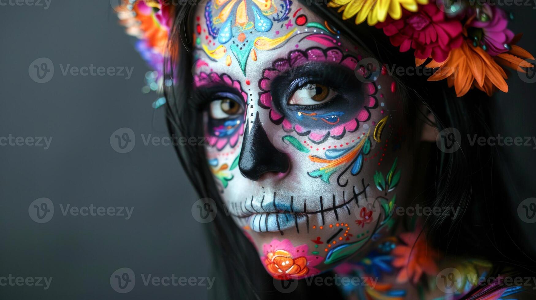 Black background. beautiful Mexican girl with traditional clavera makeup. dia de los muertos photo