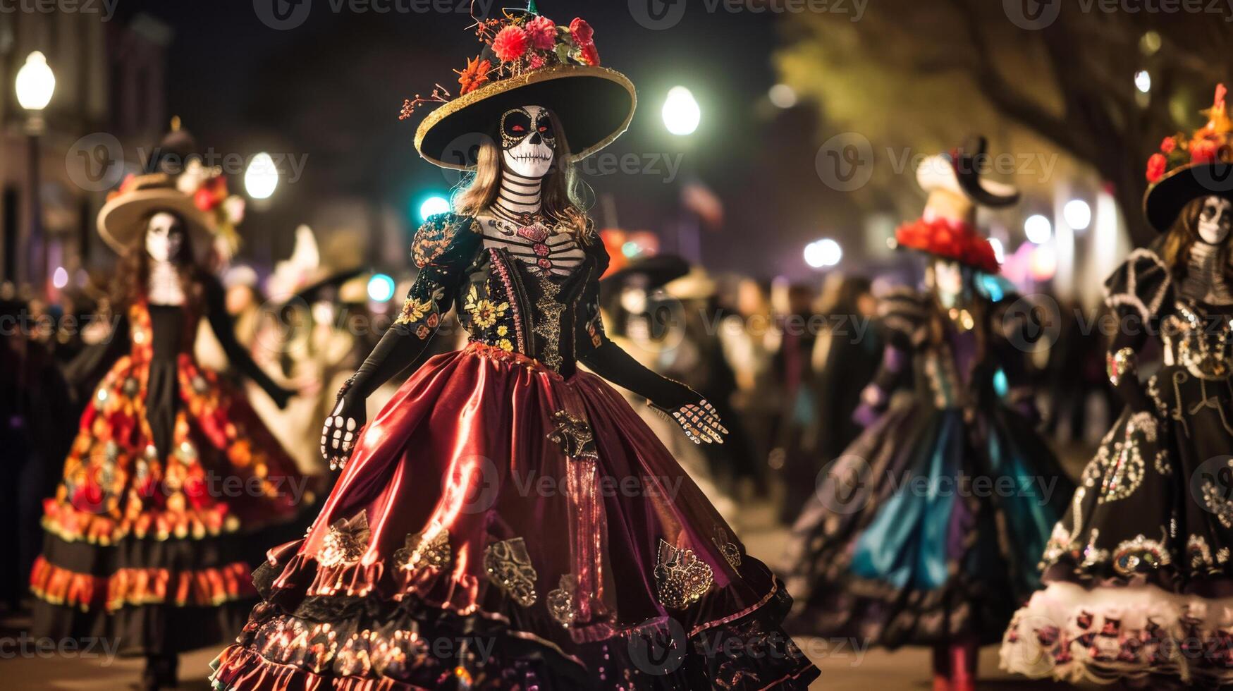 Catherine Parade. Catherine's festive procession parades through the streets in elegant dresses and ornate hats, celebrating the beauty of life and death during Dia de los Muertos photo