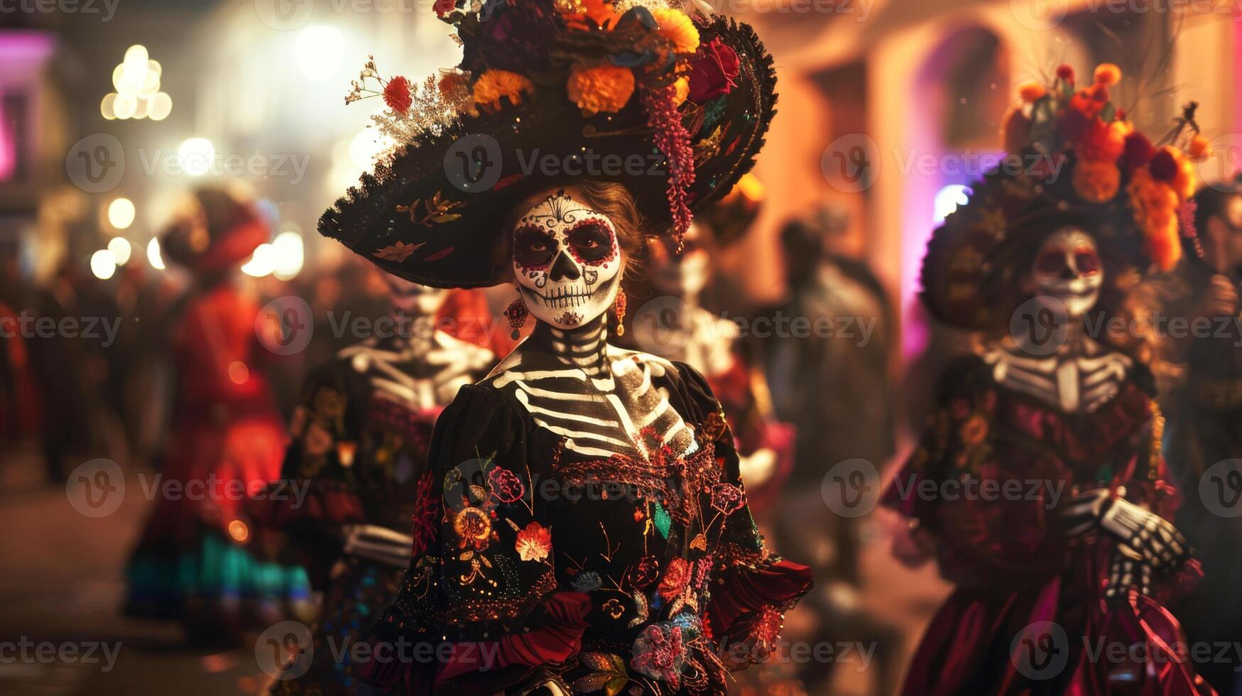 Catherine Parade. Catherine's festive procession parades through the streets in elegant dresses and ornate hats, celebrating the beauty of life and death during Dia de los Muertos photo