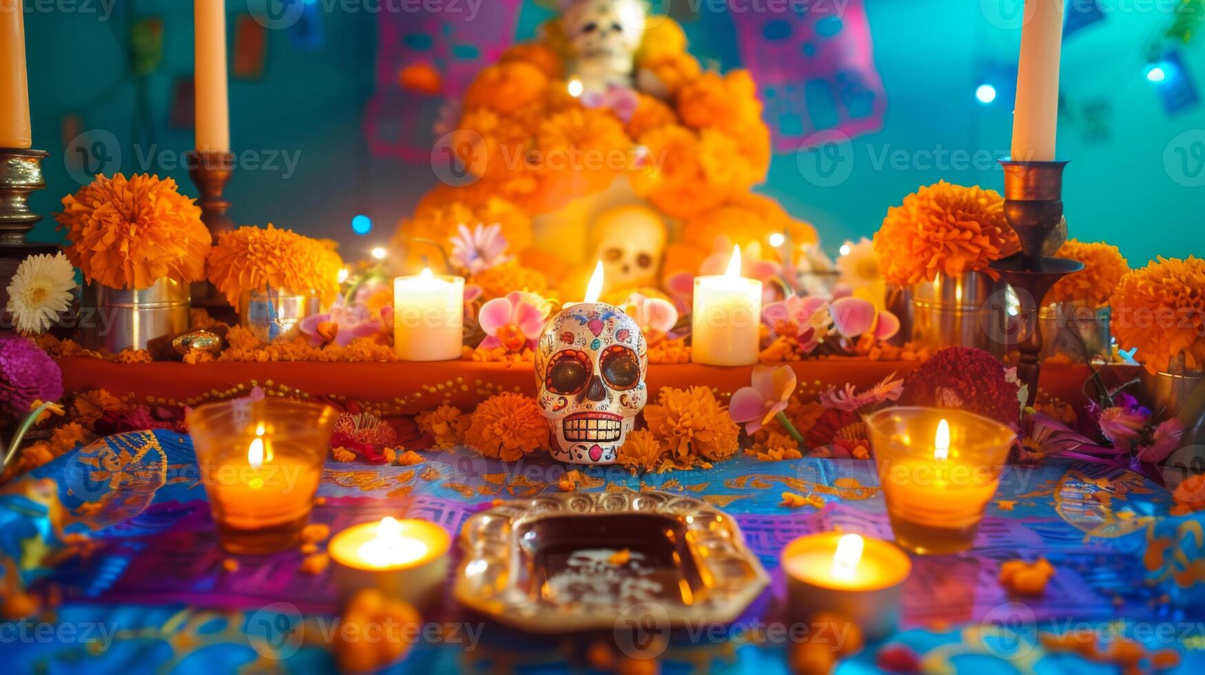 Ofrenda Offering, The solemn moment of offering on the Ofrenda, the deceased's favorite foods, drinks and mementos, surrounded by candles and incense photo