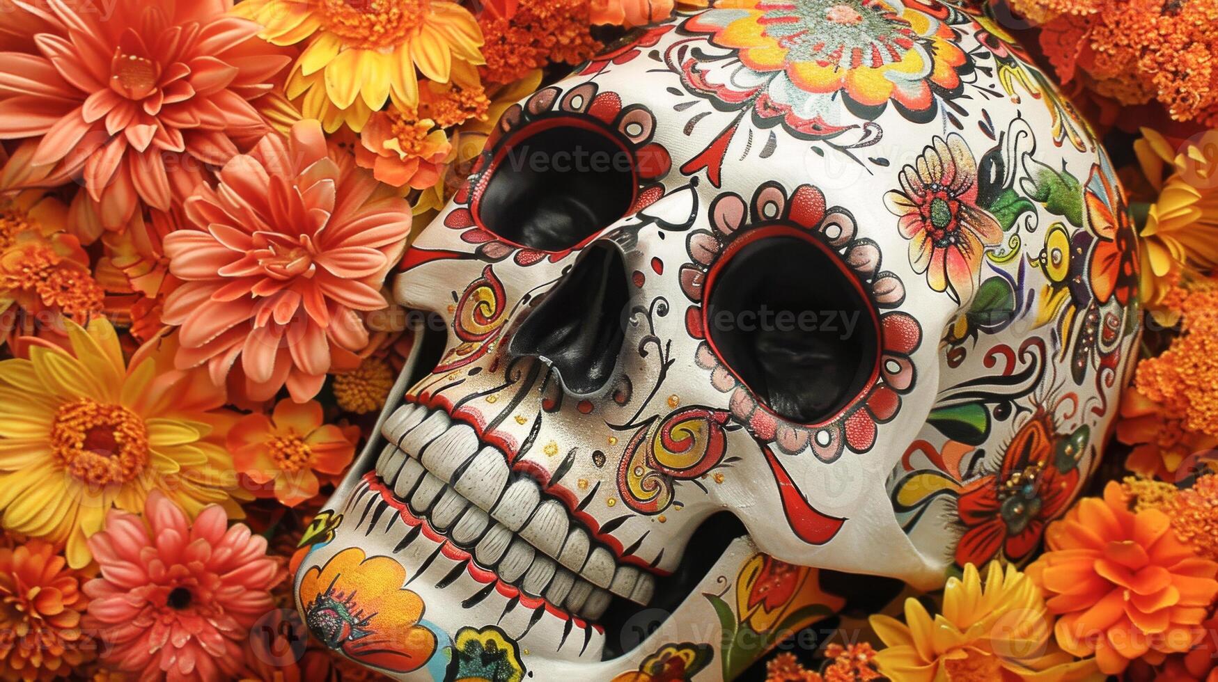 skull with flowers on orange floral background. Dia de los Muertos en Mexico photo