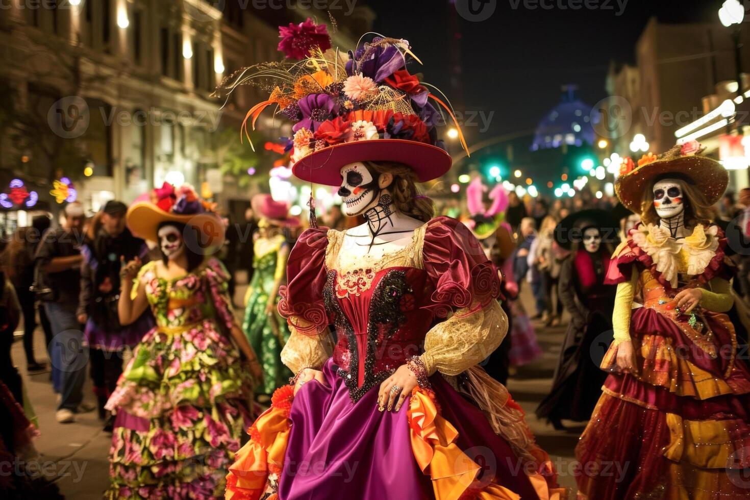 Catherine Parade. Catherine's festive procession parades through the streets in elegant dresses and ornate hats, celebrating the beauty of life and death during Dia de los Muertos photo