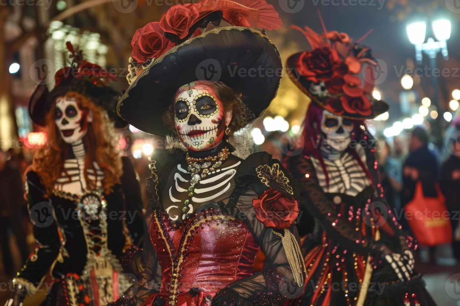 Catherine Parade. Catherine's festive procession parades through the streets in elegant dresses and ornate hats, celebrating the beauty of life and death during Dia de los Muertos photo