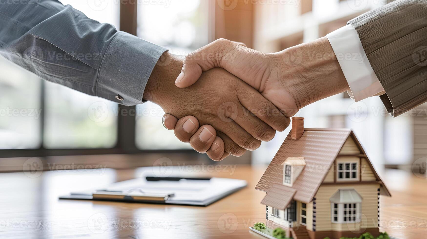 successful real estate transaction, realtor and buyer shaking hands, model of house and folder with documents on table photo