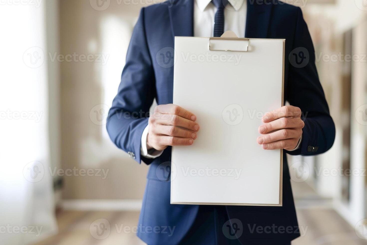 handsome real estate agent holds a folder in hands and shows an empty apartment, empty space for text photo