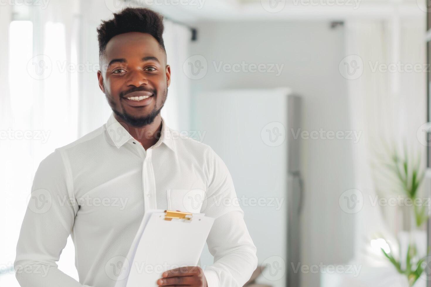 handsome real estate agent holds a folder in hands and shows apartment, empty space for text photo