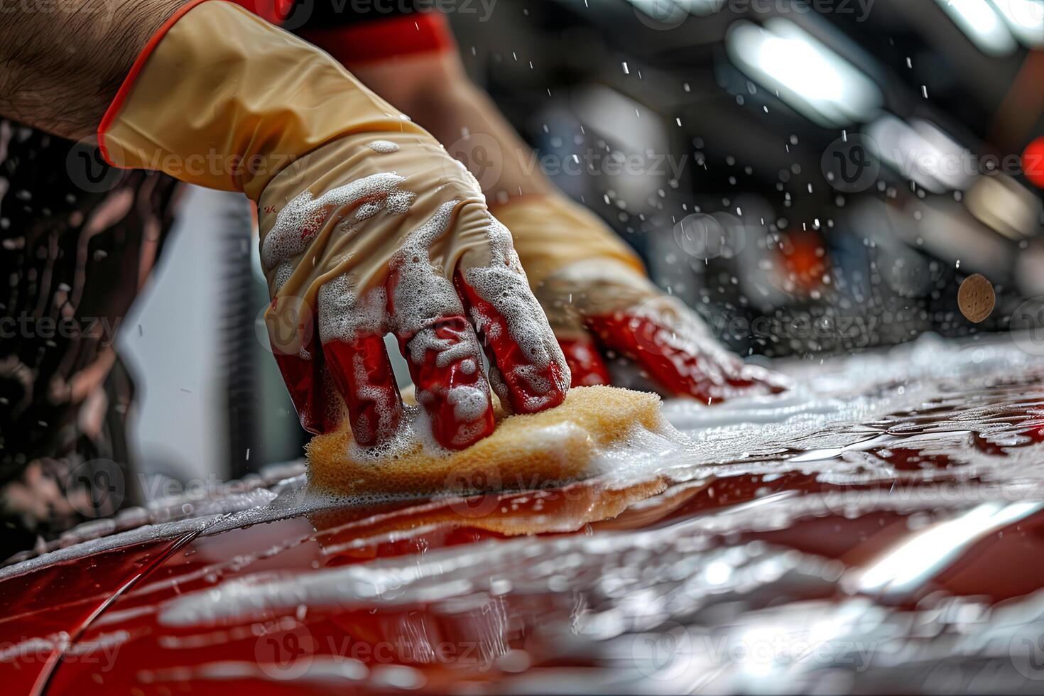 close-up of male hands in yellow rubber gloves of a car wash worker polishing a car body with a sponge, banner, space for text. photo
