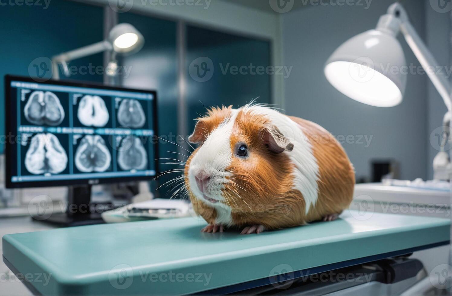 medical procedures and operations for animals. Guinea pig in a veterinary clinic in the doctor's office near the monitor with MRI images. caring for the health of pets photo