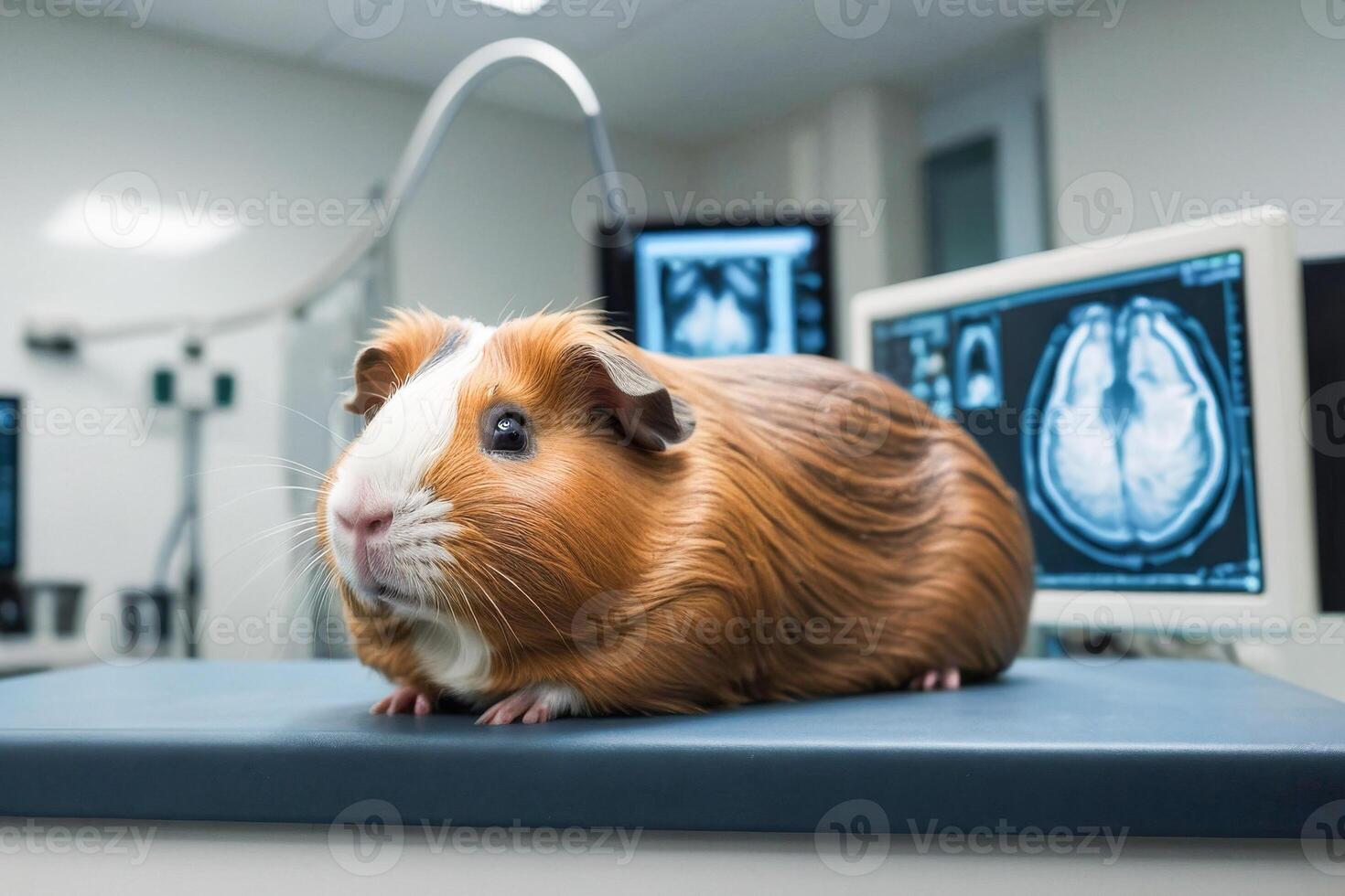 medical procedures and operations for animals. Guinea pig in a veterinary clinic in the doctor's office near the monitor with MRI images. caring for the health of pets photo