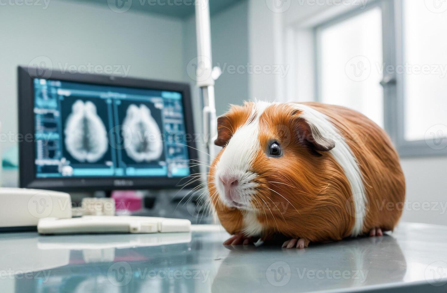 medical procedures and operations for animals. Guinea pig in a veterinary clinic in the doctor's office near the monitor with MRI images. caring for the health of pets photo