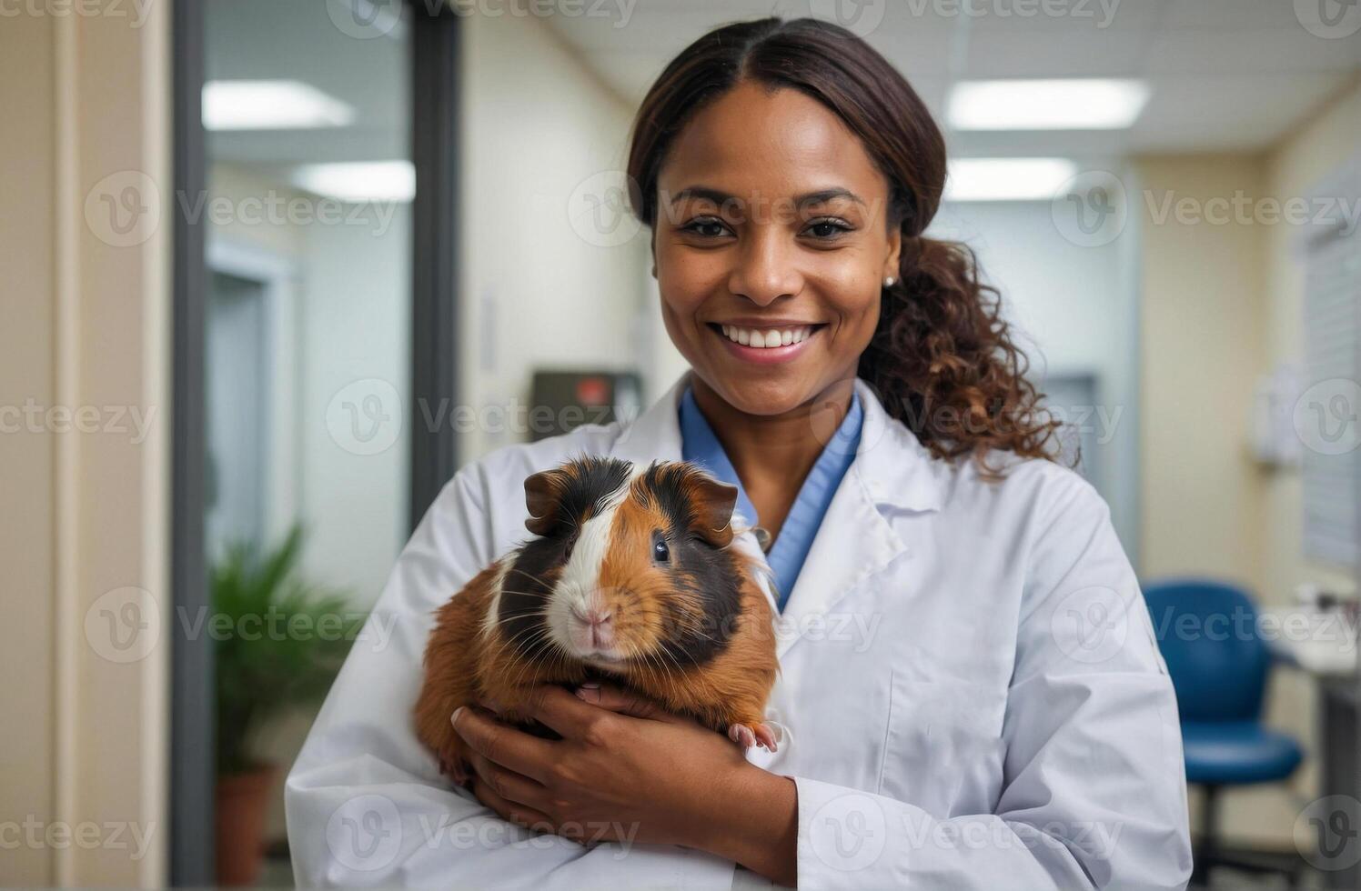 image of a handsome smiling veterinarian holding a cute guinea pig in his hands in a veterinary clinic. caring for the health of pets photo