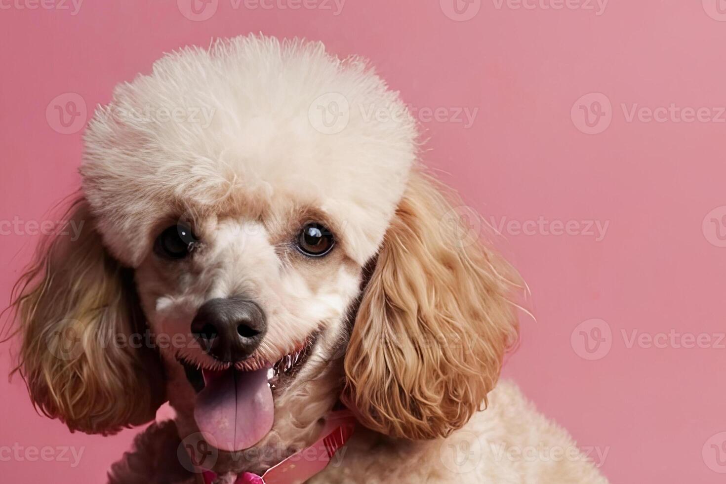 portrait of a cute poodle on a pink, blue background. close-up portrait of a happy pet photo